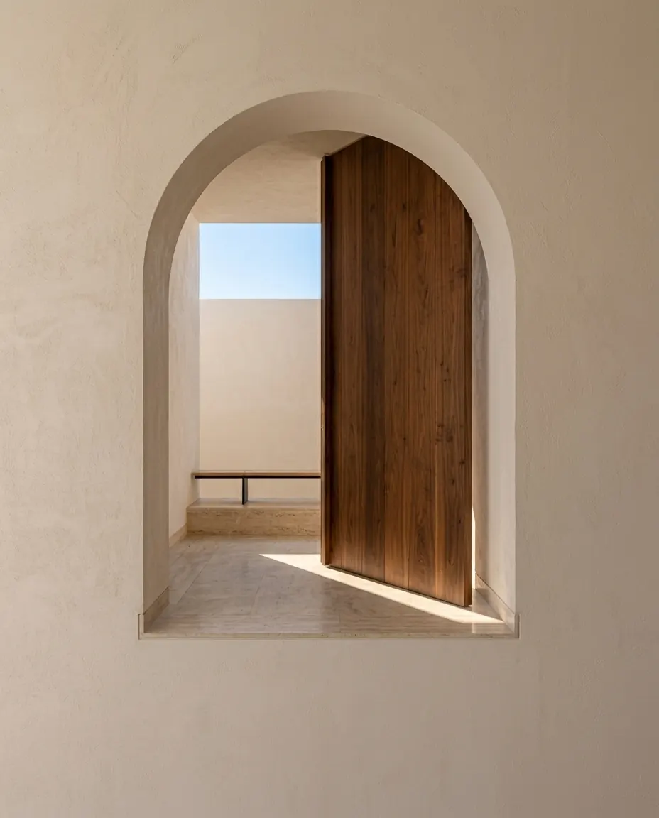 A walnut door open in an arched wall onto a bright courtyard