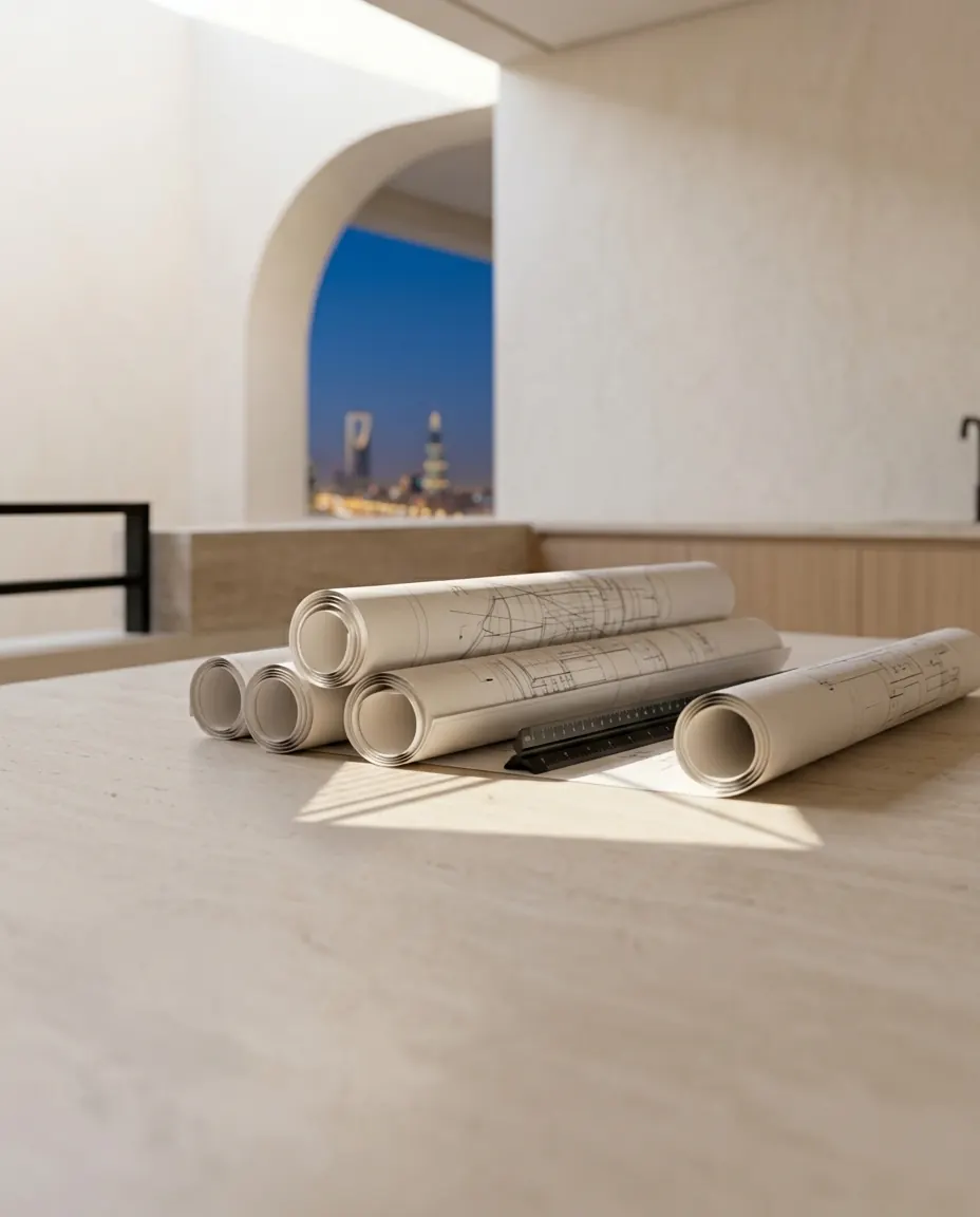 Rolled architectural drawings and a ruler on a stone table