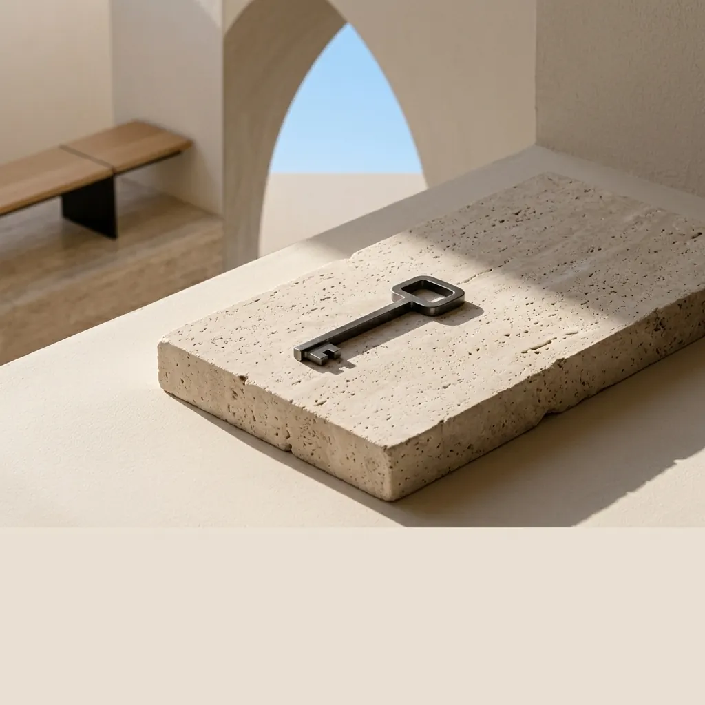 A dark steel key resting on a travertine block