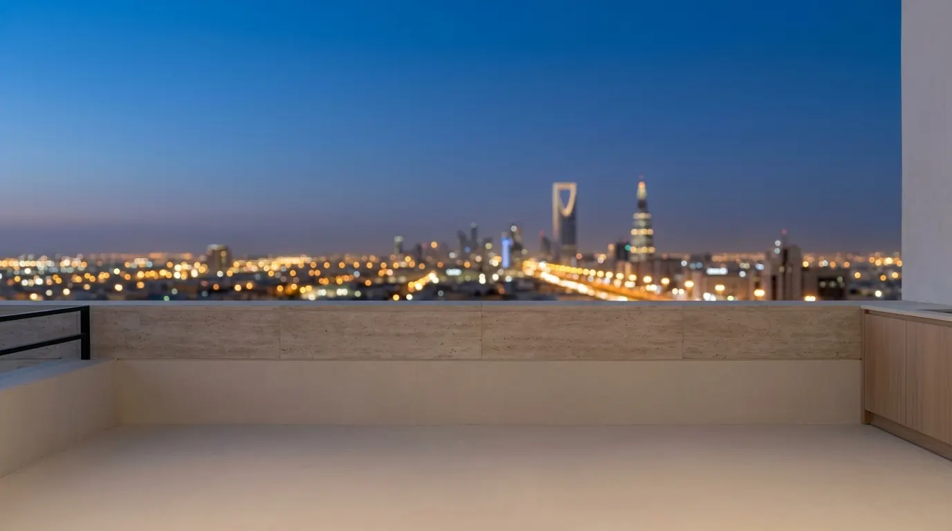 The Riyadh skyline at blue hour from a stone terrace