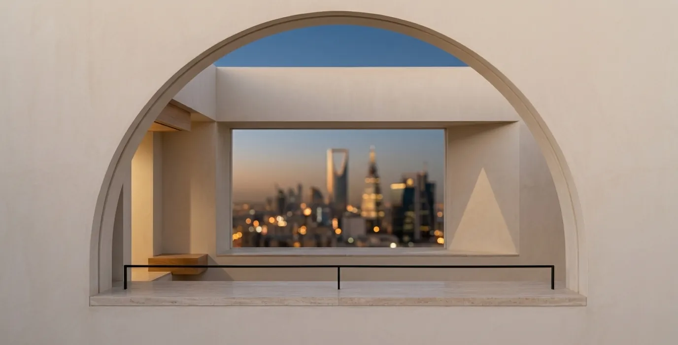 An arched opening in a plaster wall looking out on the Riyadh skyline at dusk